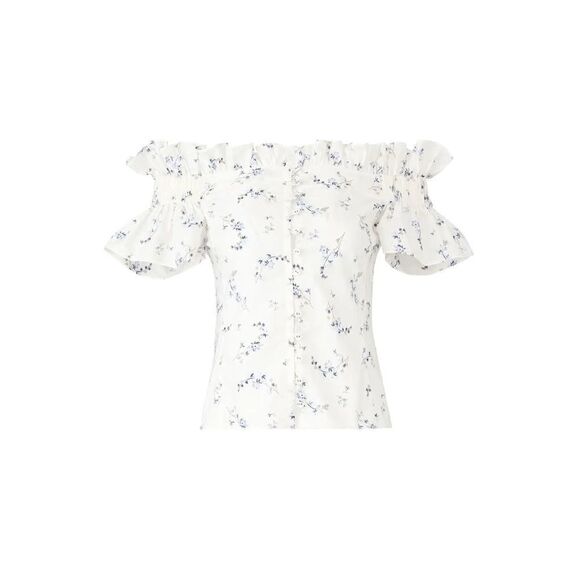 Rebecca Taylor Off Shoulder Francine Ruffle Blouse Top Cotton Floral White SZ 4 - Picture 8 of 8